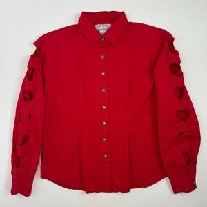 Vintage 1990’s Side Saddle Red Cotton Button Front Shirt with Heart Cutouts